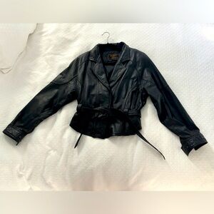 Vintage Cropped Leather Belted Jacket - excellent condition - size Large